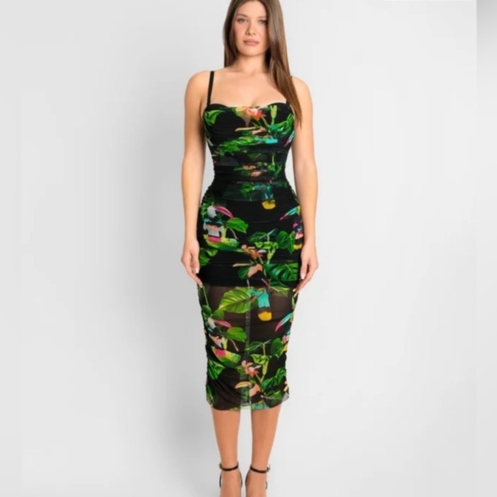 TA3 Toucan Sweetie Mesh Draped Corset Floral Print Black Dress XS R/L